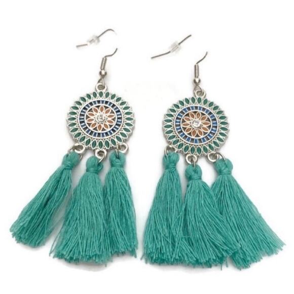 Teal Round Tassel Drop Earrings - Picture 1 of 3